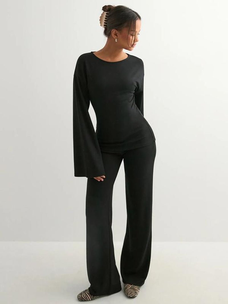 Round Neck Flare Long Sleeve Top & Elastic Waist Straight Leg Pants - Trendify - 