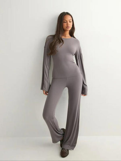 Round Neck Flare Long Sleeve Top & Elastic Waist Straight Leg Pants - Trendify - 