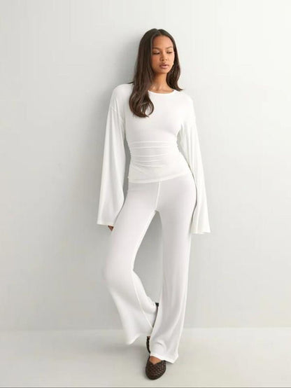 Round Neck Flare Long Sleeve Top & Elastic Waist Straight Leg Pants - Trendify - 