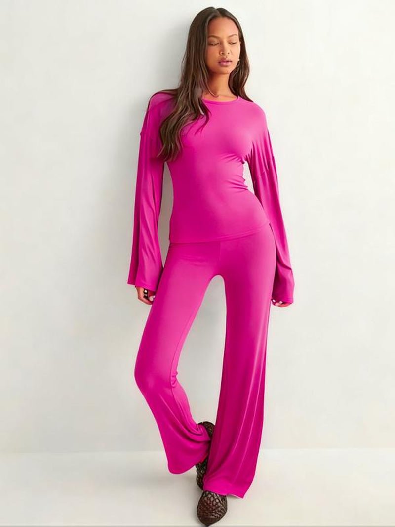 Round Neck Flare Long Sleeve Top & Elastic Waist Straight Leg Pants - Trendify - 