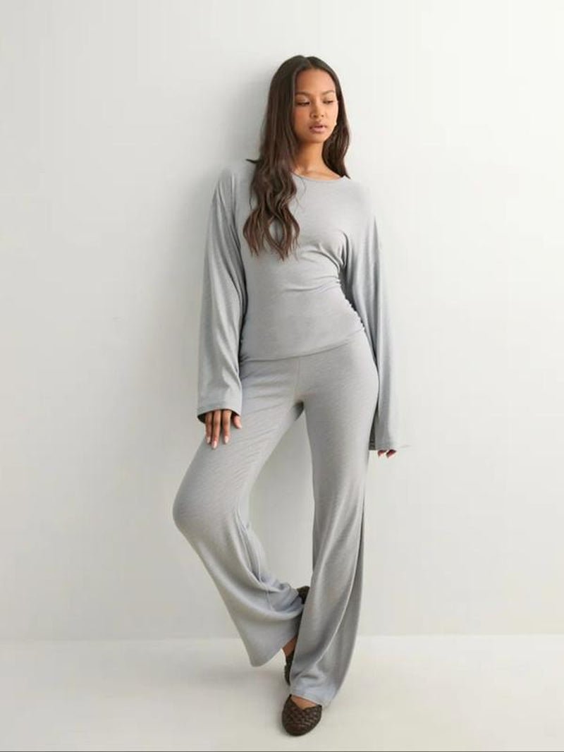 Round Neck Flare Long Sleeve Top & Elastic Waist Straight Leg Pants - Trendify - 