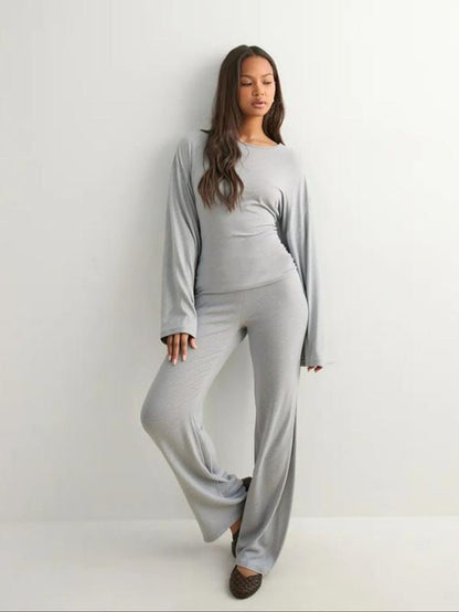 Round Neck Flare Long Sleeve Top & Elastic Waist Straight Leg Pants - Trendify - 