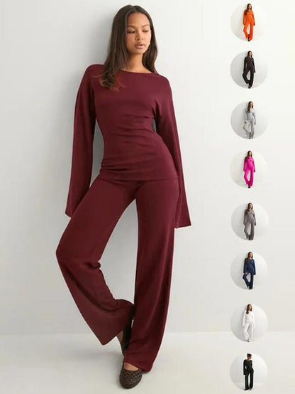 Round Neck Flare Long Sleeve Top & Elastic Waist Straight Leg Pants - Trendify - 