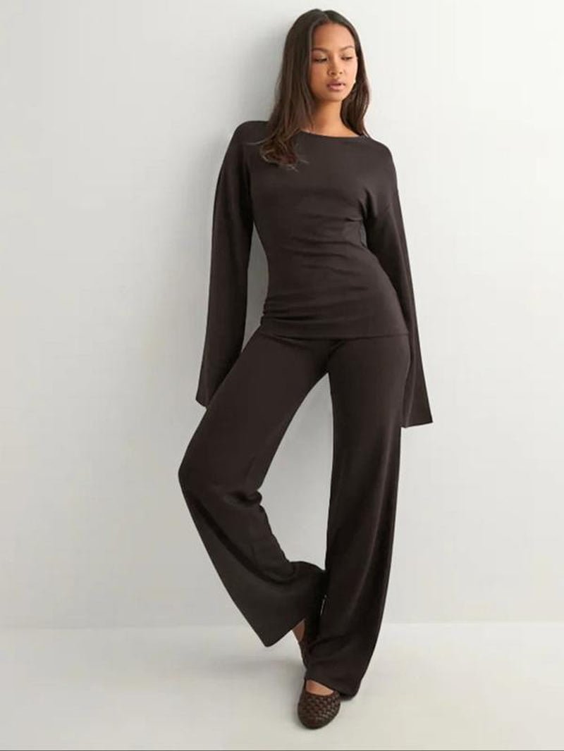 Round Neck Flare Long Sleeve Top & Elastic Waist Straight Leg Pants - Trendify - 